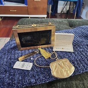 Judith Leiber Black Croc-Embossed Gold Frame Minaudière W/Swarovski Crystals NWT